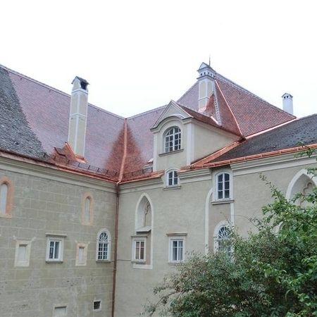 Ansicht innerer Ecke zweier Hauswände ausgehend vom Hof, die Dächer sind mit roten und dunklen Ziegeln bedeckt